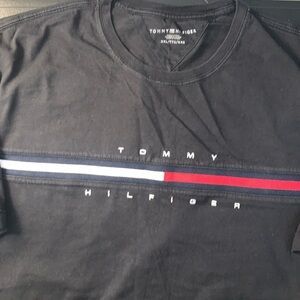 Tommy Hilfiger Men's Black Tee with Red and White Stripe